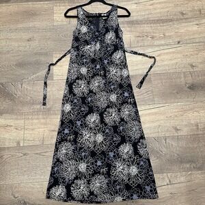 Old Navy Women Maxi Dress 6 Navy‎ Blue Floral Rayon Vintage 2003 Sleeveless Tie